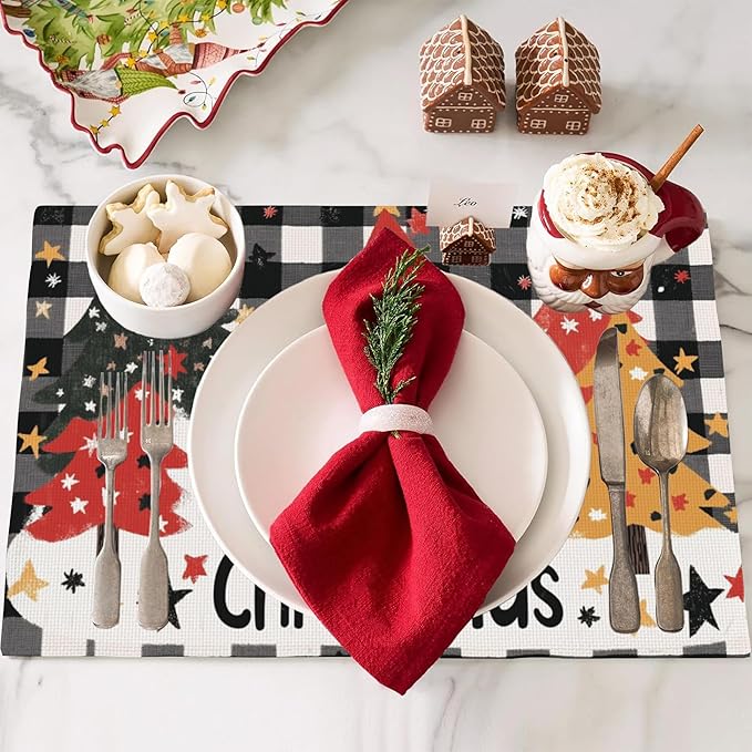 Christmas Tree Placemats Set of 4,Merry Christmas 12x18 Inch Non-Slip Washable Heat Resistant Linen Fabric Table Mats,Place Mats for Holiday Party