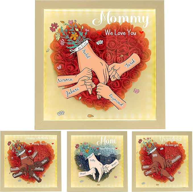 Personalized Mom Flower Shadow Box With LED Light Holding Hand Flower Shadow Box Light Up Frame With Kid's Name Mothers Day Gifts for MOM Grandma Family Birthday (Hand In Hand)