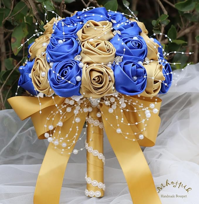 Bridal Wedding Bouquet Round Bling Brooch Bouquet Throw Toss Artificial Rose Flower Bunch for Bride Bridesmaid Wedding Quinceanera(Royal Blue & Gold, 8.7")