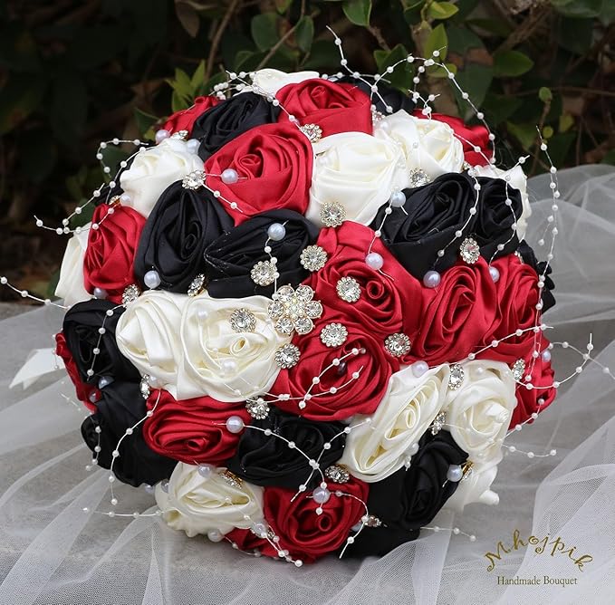 Bridal Wedding Bouquet Round Bling Brooch Bouquet Throw Toss Artificial Rose Flower Bunch for Bride Bridesmaid Wedding Quinceanera(Ruby Red, Black & Ivory, 7.5")
