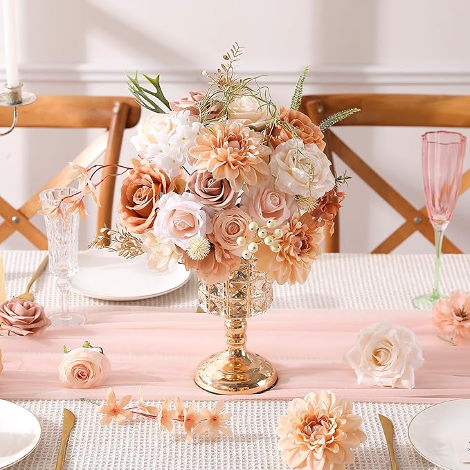 Artificial Flowers Combo, Mix Silk Flowers Roses, Peonies, Dahlias with Stems for DIY Wedding Bridal Bouquet, Baby Shower, Table Centerpieces, Home Decor, Fake Floral Arrangements-Boho Nude