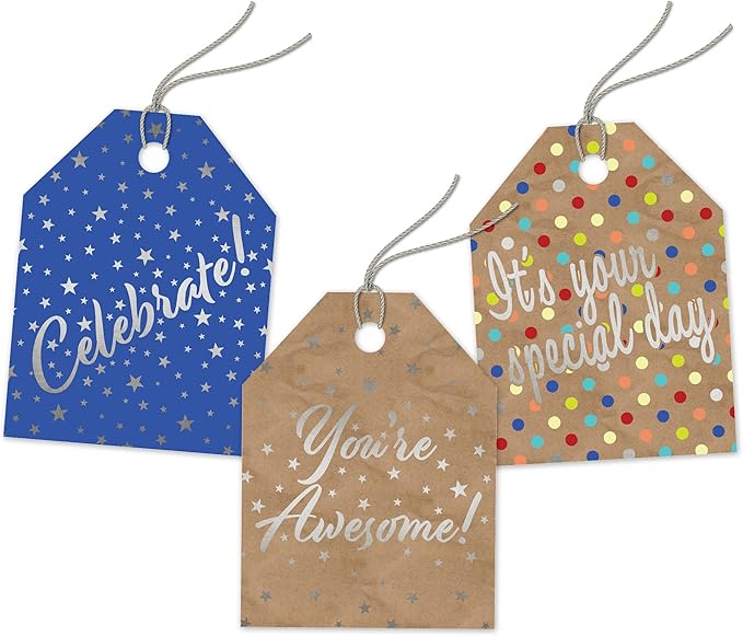 Pro Supply Global 24 Count of 2.5 Inch x 3 Inch Pre Strung Celebration Gift Tag Assorted Printed Designs on Large Cardstock Gift Hang Tags - Ideal to Use on Bags