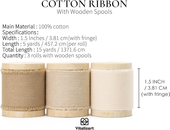 Vitalizart 100% Cotton Ribbon 1-1/2" x 15 Yd Nude Beige Cream Handmade Frayed Fringe Fabric Ribbons for Gift Wrapping Wedding Invites Bridal Shower Bouquets Christmas Decorations
