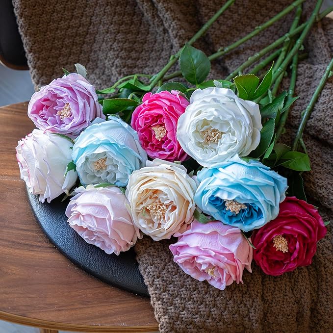 Fake Flowers for Decoration Home Decor Real Touch Artificial Flowers Austin Rose Peony Latex Fake Flower Living Room Decoration Vivid Pink Roses Peonies (Light Purple 4pcs)