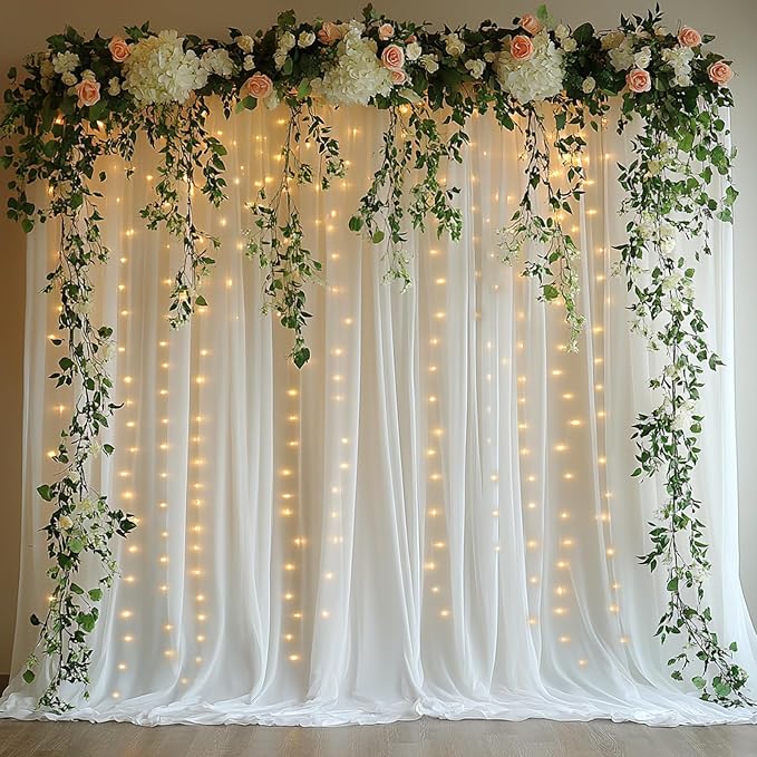 Tulle Curtain Backdrop with 300 LED Fairy Lights for Parites Wrinkle-Free Sheer Curtain Drapes Photo Back Drop for Wedding Baby Shower Bridal Shower Birthday Dance Home Décor- 10ft×10ft, White