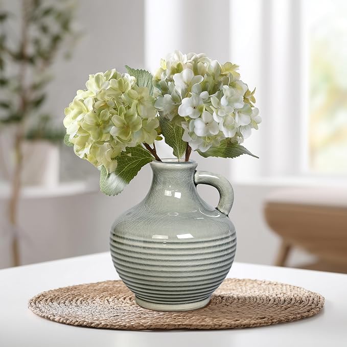 Sunddo Gray Ceramic Flower Vase， 6 Inch Small Modern Boho Vase for Home Decor, Decorative Vases with Handle, Neutral Accent for Minimalist, Table, Living Room, Bathroom, Shelf, Mantel Decor