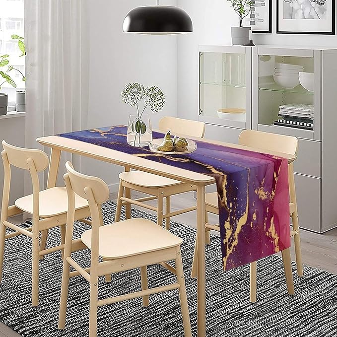 Purple Marble Table Runner Natural Abstract Luxury Ink Texture Gold Veins Red Printing Seasonal Dinner Runner Table Decoration for Farmhouse Home Kitchen Dining Holiday Party 13x90in