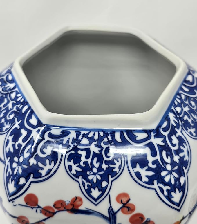 Festcool Blue and White Porcelain Ceramic Covered Floral Jar Vase, Food Container Storage Lotus Plum Blossoms,(J23), 12 inch