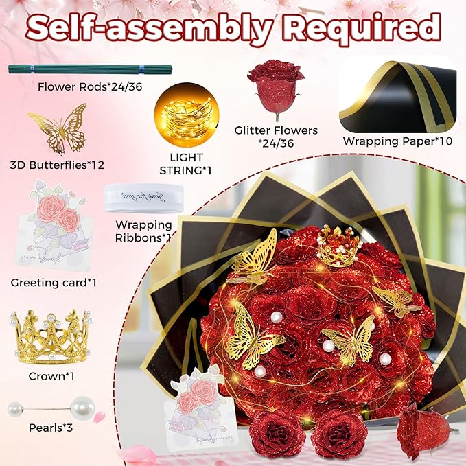 Red Glitter Roses Bouquet, 24 Pcs Shiny Glitter Flowers Bouquet, Everlasting DIY Artificial Roses Bouquet for Christmas, Birthday, Anniversary, Wedding, Engagement