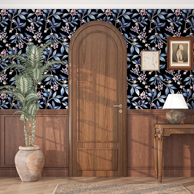 Dark Peel and Stick Wallpaper Vintage, Black Blue Leaf Removable Self-Adhesive Vinyl Contact Paper for Bathroom Bedroom Drawer Cabinet, Black Navy Gold Floral Design Retro Style 17.5" x 118"