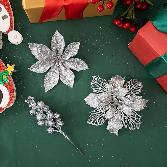 24Pcs Silver Glitter Poinsettia Christmas Tree Ornaments and Glitter Berries Stems, 16Pcs Christmas Artificial Flowers and 8 Pack Christmas Tree Picks for Wedding Holiday Decorations