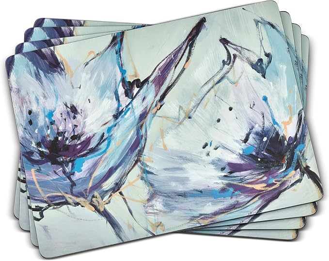 Pimpernel Abstract Lilac Collection Placemats, 4-Piece Set – (15.7" x 11.7") Rectangular Cork-Backed Dining Table Mats with Lacquered Finish, Heat & Stain Resistant Tabletop & Furniture Protection