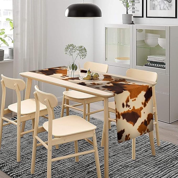 Cow Print Table Runner, Brown Cowhide Print Western Style Table Runner Country Farmhouse Cottage Cow Patten Table Decoration for Home Kitchen Dining, 13x36 Inch