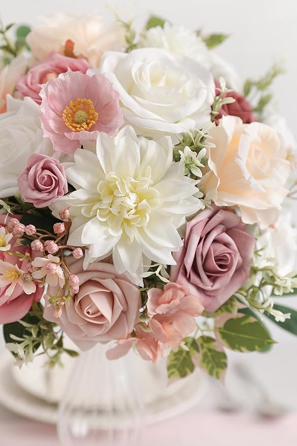 Artificial Flowers Dusty Pink Box Set for DIY Bridal Bouquets Wedding Shower Decorations Fake Floral Arrangements for Party Table Centerpieces Home Decor Indoor Outdoor