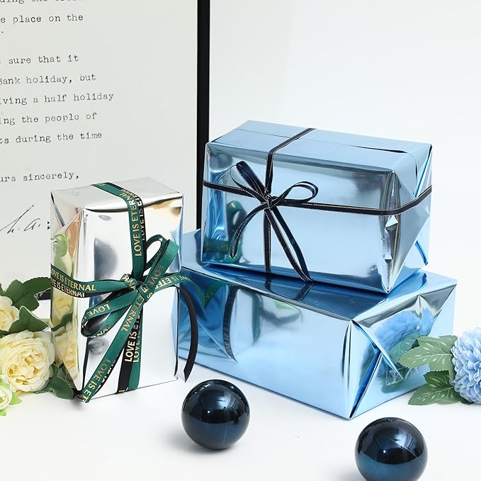 FWSA WRAPS Silver Gift Wrapping Paper Waterproof Bouquet Wrap Mirror Film Korean Style Fresh Flowers Wrapping Paper Christmas, Holiday DIY Deco 22x360 inches (Silver)