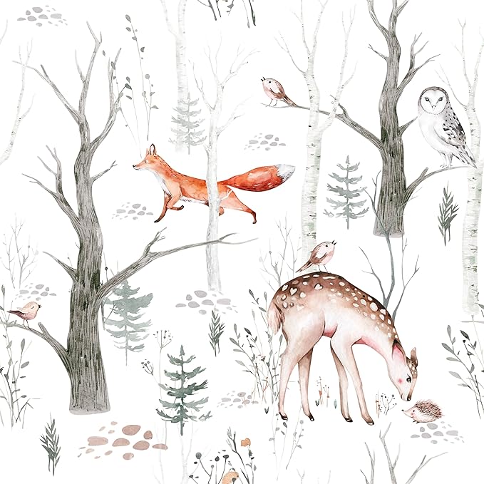 Forest Animals Peel & Stick Wallpaper - Self Adhesive Plants & Vintage Pattern - Removable Wallpaper for Bathroom - 17.71in X 118.1in