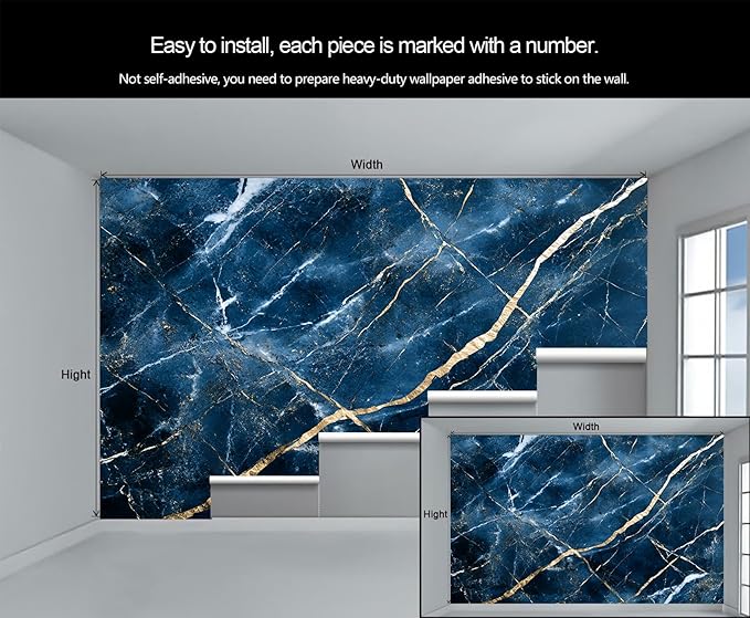 Blue Marble Wall Mural, Gold Vein Marble 3D Wall Murals, Luxury Navy Stone Wallpaper Mural, for Living Room Bedroom Large Wallpaper Indoor Decor 78.7" W x55.1 H