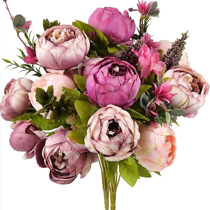 FiveSeasonStuff Soft Peach Pink and Magenta Red Vintage Artificial Peonies Silk Flowers and Hydrangeas for Wedding Bridal Home Decor – Beautiful Floral Centerpiece Bouquet (Celestial Beauty)