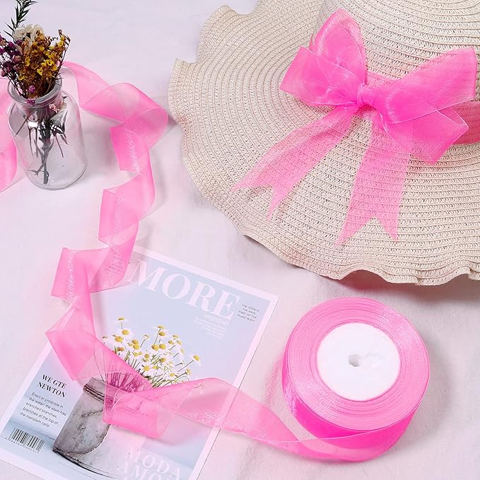 1.5 inch Sheer Organza Ribbon Hot Pink Chiffon Ribbon for Gift Wrapping Christmas Halloween Decoration Wedding Bouquet Crafts 50 Yards
