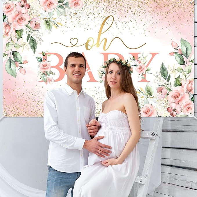 Mocsicka Oh Baby Backdrop Pink Floral Baby Shower Banner for Girls Party Decorations Photo Booth Props (Pink, 7x5ft)