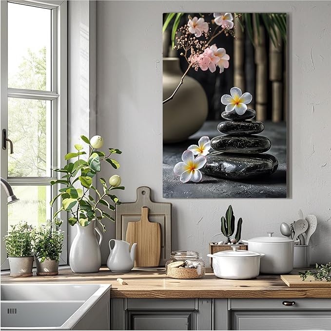 A harmonious black stone stack paired with white and pink flowers bamboo and ceramic vases creates a tranquil Zen decor for minimalist homes and mindful spaces 8x12in Frameless