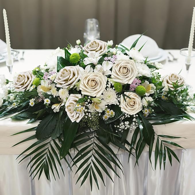 Artificial Flowers, 25pcs Champagne Light Gold Rose for DIY Wedding Bouquets Centerpieces Arrangements, Artificial Rose with Stem for Bridal Shower Party Home Decorations