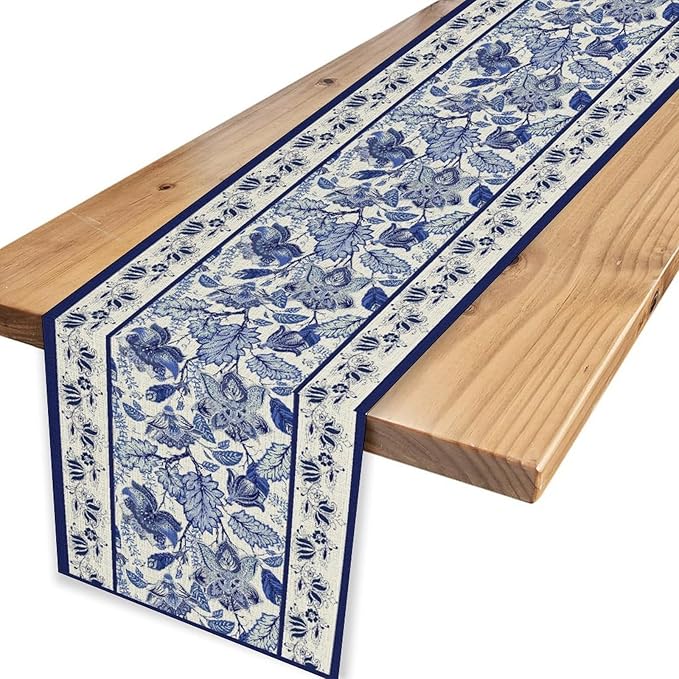 Blue Floral Table Runner, Rustic Vintage Paisley Floral Retro Boho Art Linen Coffee Table Center Decor for Family Kitchen Farmhouse Holiday Party Table Decorations Indoor Outdoor 13x108 inch