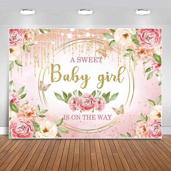 Sensfun Pink Floral Baby Girl Decorations - Glitter Gold Blush Flowers Photography Background - Baby Shower Party Supplies - 5x3ft