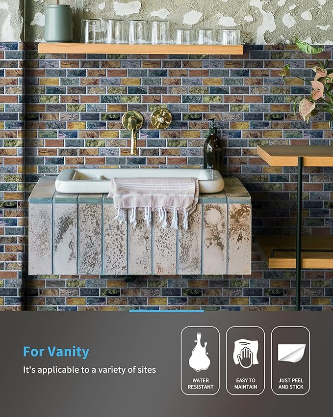 Art3d 10-Piece Peel & Stick Kitchen/Bathroom Backsplash Tiles, 12" X 12" Colorful Marble Tile Design