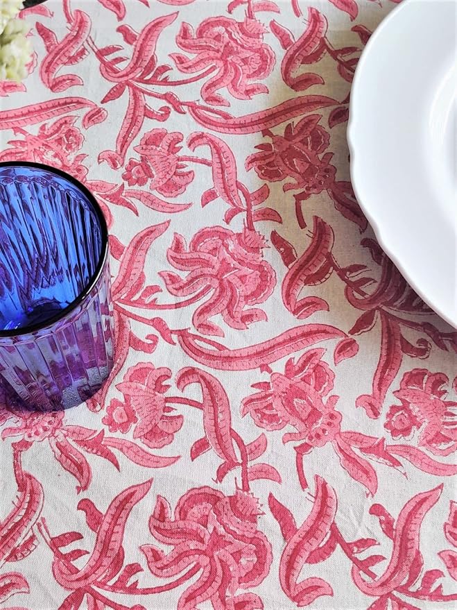 ATOSII Red Bloom 100% Cotton Tablecloth, Handblock Print Rectangle Table Cover for Kitchen Dining I Tabletop Linen I Parties, Wedding, Spring Summer Table Cloth 60 X 90 Inches