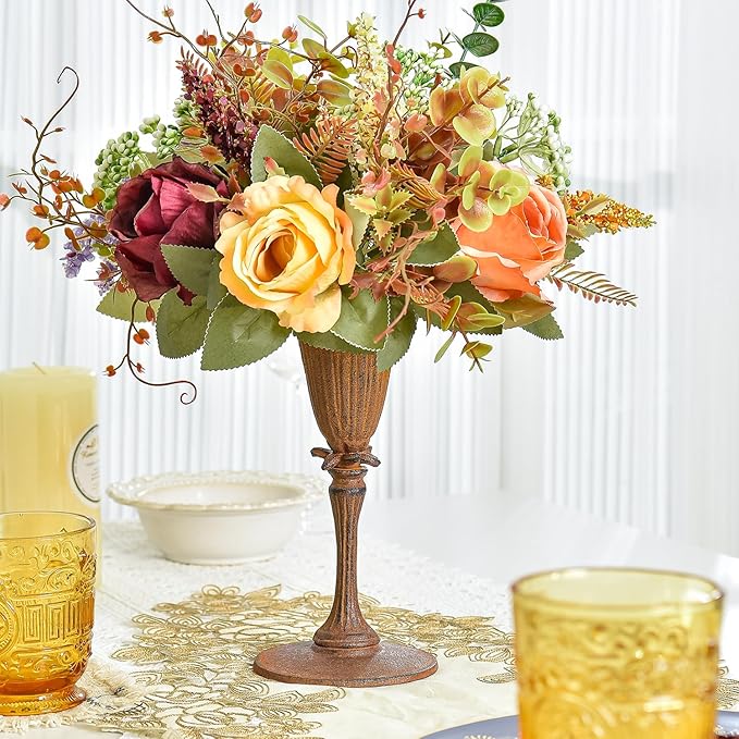 Sungmor Cast Iron Tabletop Flower Vase, Vintage Pretty Tulip Design, 8.6" Tall Decorative Centerpieces Flower Stand, Artificial Flower Arrangements Home Decor for Ceremony Birthday Holiday Event Party