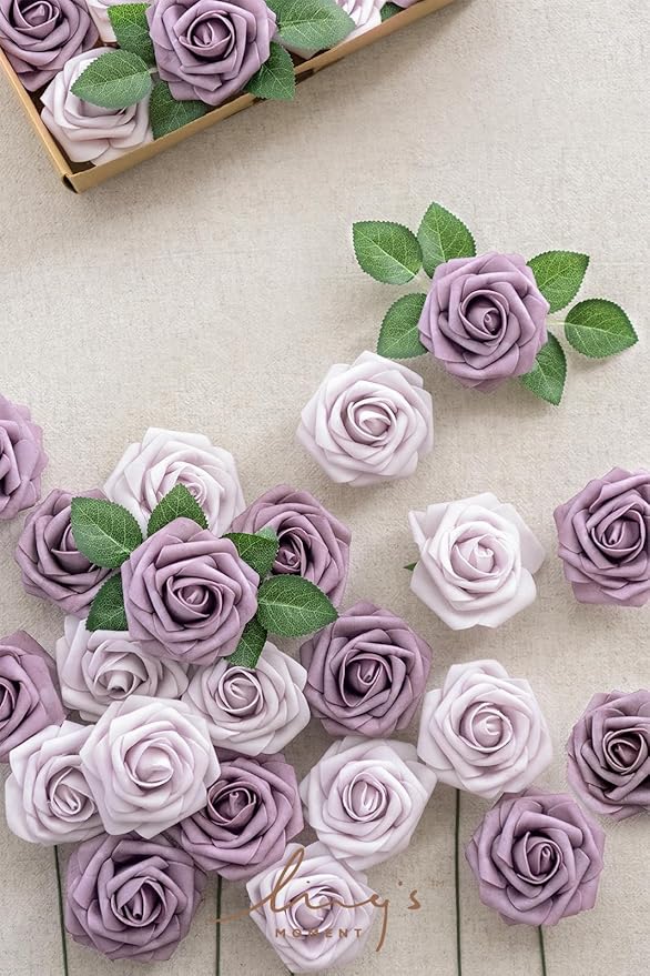 Ling's moment Artificial Flowers 50Pcs Dusty Violet Roses Decor w/Stems,3" Real Touch DIY Foam Floral for Wedding Bouquet/Centerpieces, Outdoors Party Backdrop, Room/Table, and Garden/Pot Decorations