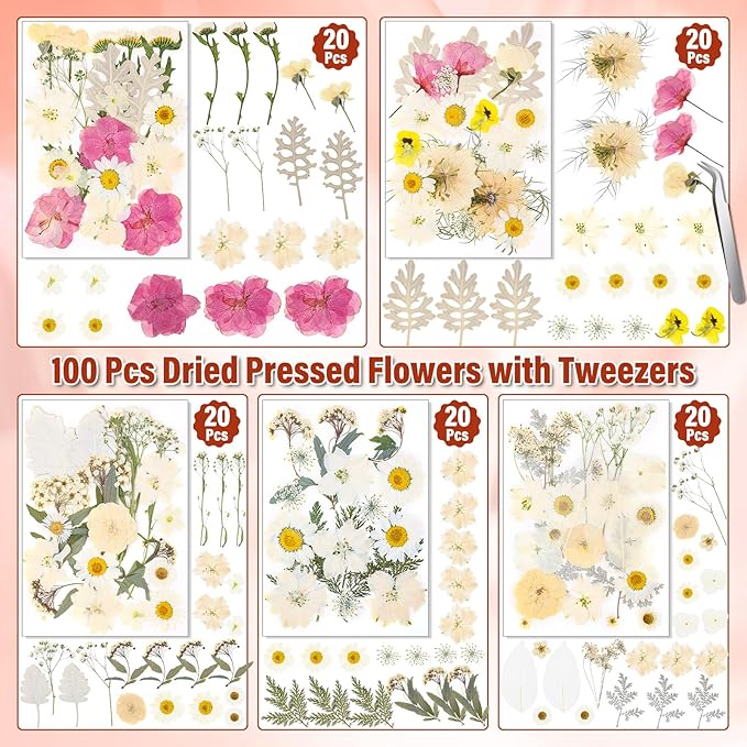 Dried Pressed Flowers for Resin, Real Pressed Flowers Dry Leaves Bulk Natural Herbs Kit for Scrapbooking DIY Art Crafts Epoxy Resin Jewelry Mold Candle Soap Making Nails Décor (White & Pink Floral)