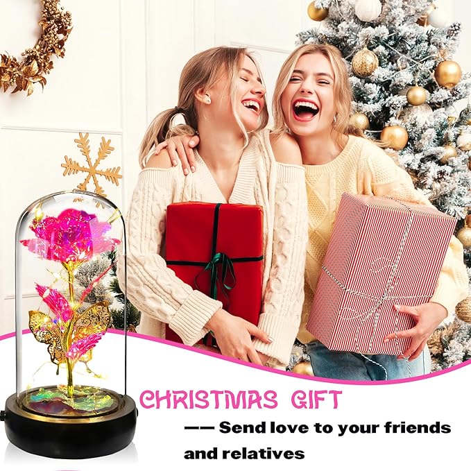 Birthday Rose Flower Gifts for Women, Glass Flower Gift for Mom from Daughter Son, Pink Light Up Rose in Glass Dome with Music Box for Her Wife Grandma