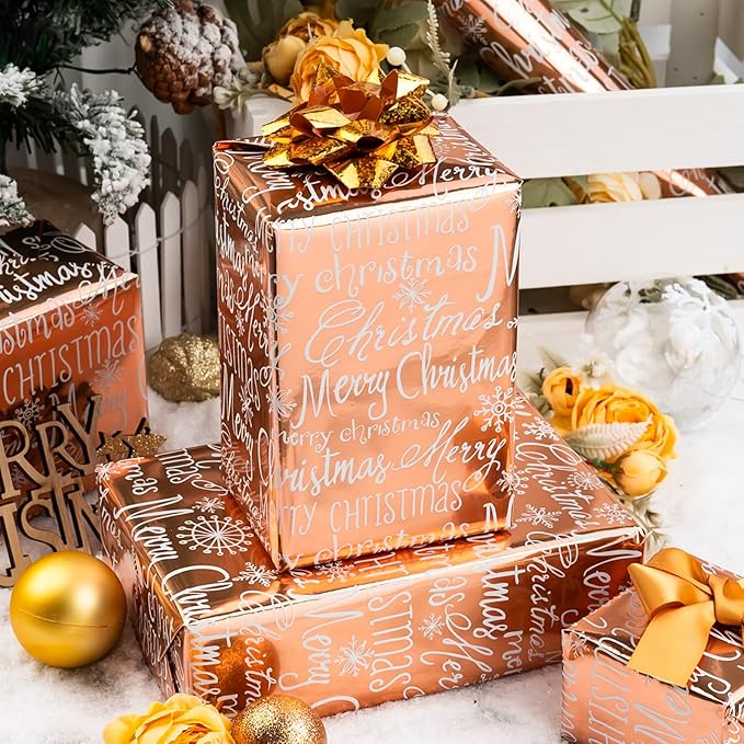MAYPLUSS Foil Christmas Wrapping Paper - 17 Inch X 33 Feet - Girly Rose Gold MERRY CHRISTMAS Script and Snowflake Girl Winter Gift Wrap Present Paper Roll for Christmas, Holiday, Festive Decoration