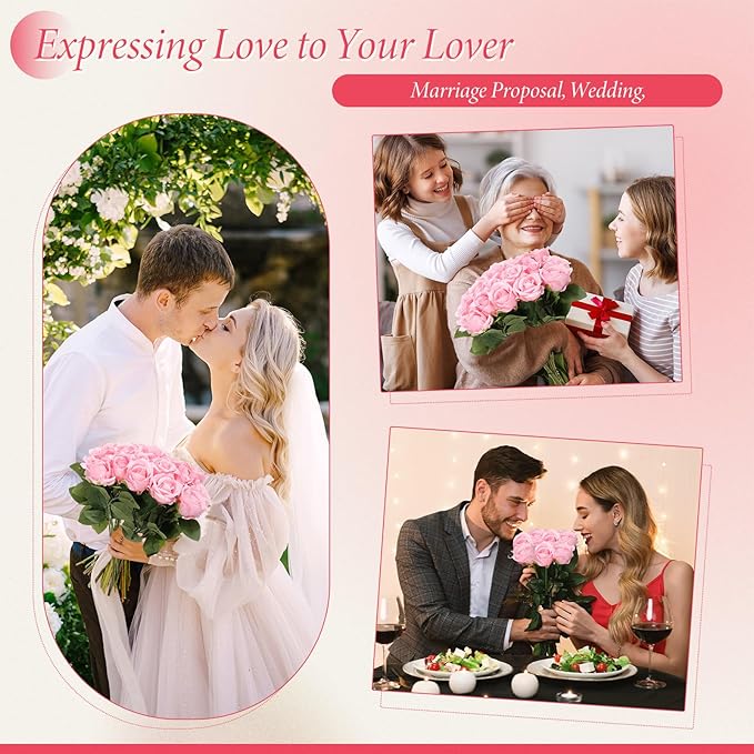 Hotop 40 Pcs Rose Artificial Flowers Bulk with Long Stem,Realistic Silk Fake Roses Bouquet for Home Wedding Centerpieces Party Table Decoration Valentines Gifts(Pink)