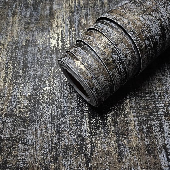 AM1NAH 17.7" X 472" Industrial Texture Metallic Wall Paper Non-Woven Distressed Wallpaper