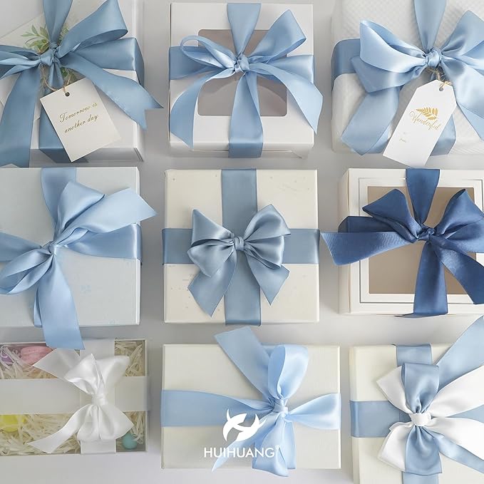 HUIHUANG Blue Ribbon 1-1/2" Dusty Blue/French Blue/Antique Blue/Navy/Light Blue and White Satin Ribbons for Wedding Flower Bouquet Hair Bows Gift Wrapping Crafts- 6 Rolls, Total 30 Yards