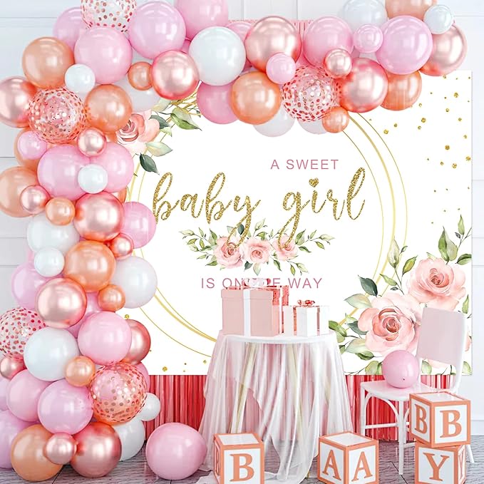 Mocsicka Floral Sweet Girl Baby Shower Backdrop It's a Girl Baby Shower Background Watercolor Pink Party Cake Table Decoration Photo Booth Props (7x5ft)