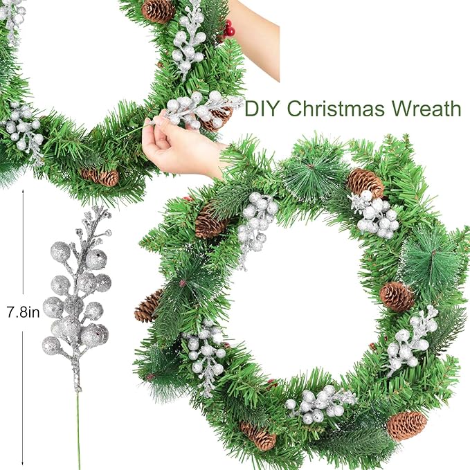 14 Pack Christmas Glitter Berries Stems Clearance, 7.8 Inch Artificial Christmas Picks for Christmas Tree Ornaments, DIY Xmas Wreath, Crafts, Holiday and Home Decor, Silver