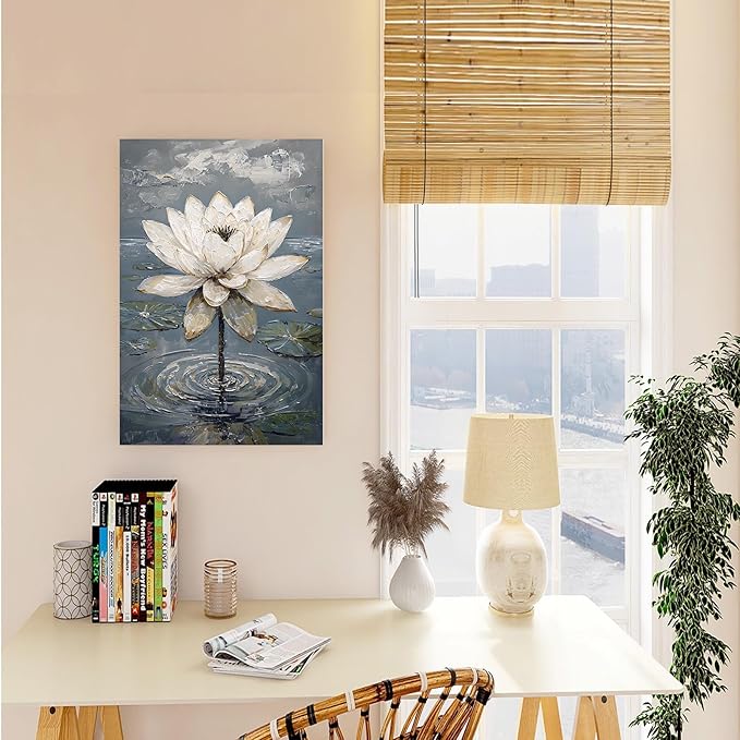 Stunning white lotus emerges from prismatic water with delicate petals background Serene aquatic wall art suitable for modern minimalist decor 8x12in Wood Framed