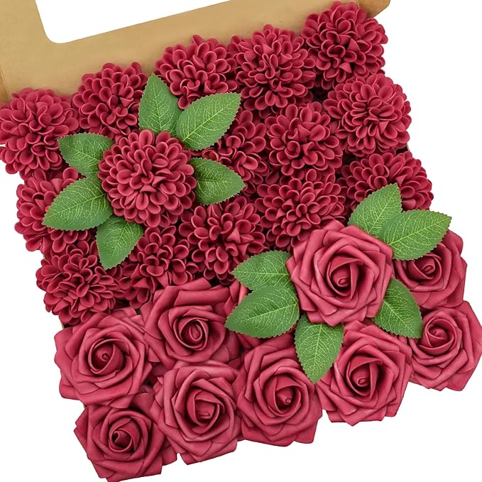 Artificial Flowers, 25pcs Artificial Rose for DIY Wedding Bouquets Centerpieces Arrangements, Hot Pink Rose Flowers with Stems for Bridal Shower Party Home Decorations