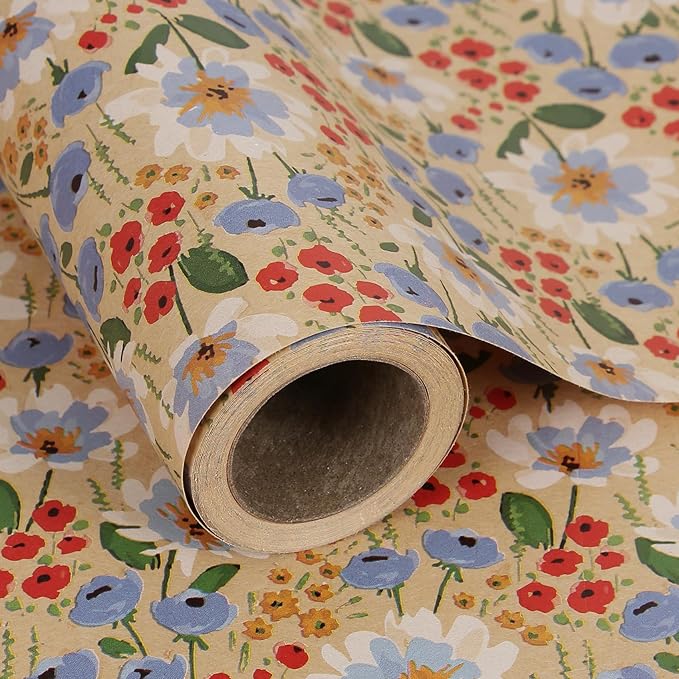 Aimyoo Watercolor Floral Kraft Wrapping Paper Roll, 17 inch x 16.4 ft All Occasion Vintage Flower Gift Wrap for Wedding Birthday Bridal Shower