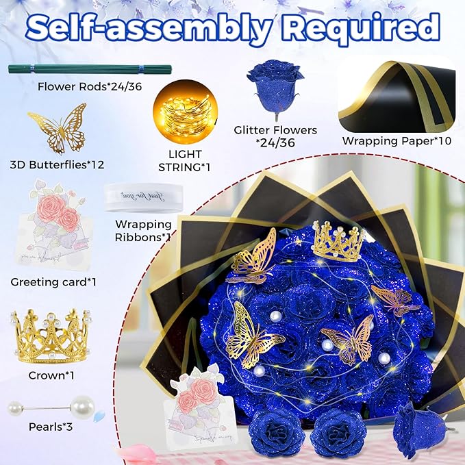 Blue Glitter Roses Bouquet, 24 Pcs Shiny Glitter Flowers Bouquet, Everlasting DIY Artificial Roses Bouquet for Christmas, Birthday, Anniversary, Wedding, Engagement