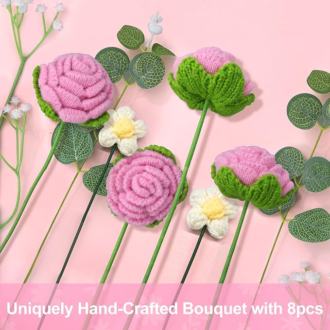 Crochet Flowers Bouquet, Handmade Knitted Rose Bouquet with Gift Bag for Home Deocor, Crocheted Finished Flower for Wedding, Mother's Day, Teachers' Day and Valentine's Day, Pink White