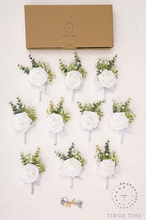 TINGE TIME Boutonniere for Men Wedding,Groom and Best Man Boutonniere for Wedding Ceremony Anniversary, Formal Dinner Party and Rustic Spring Wedding Marriage (10, Virginal White)