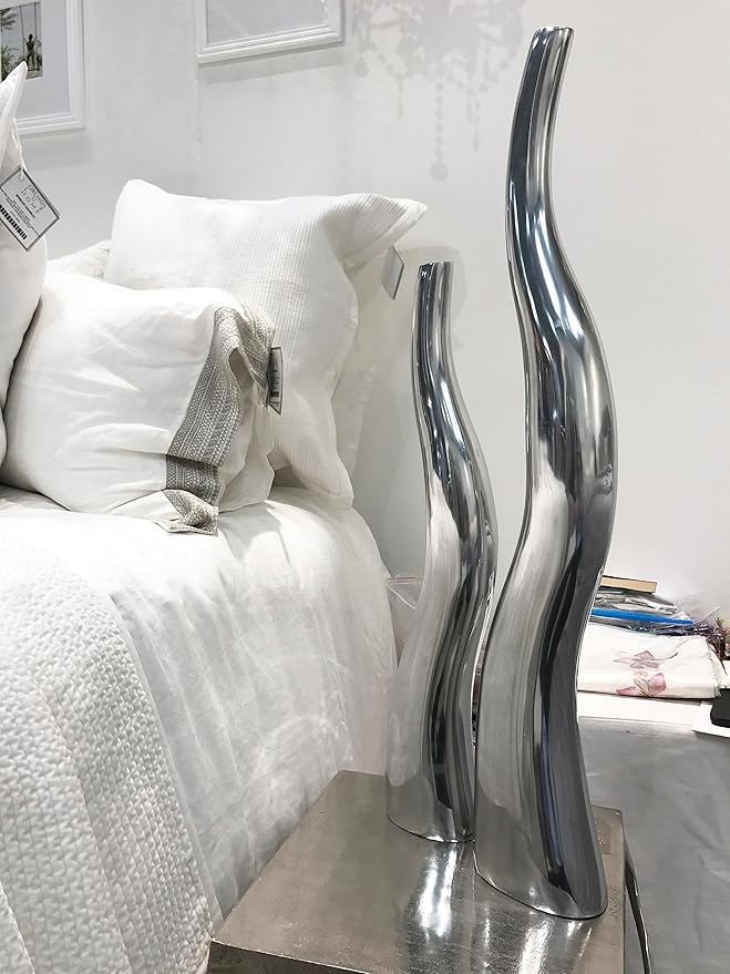 Modern Day Accents 6586 Curva Tall Wiggly Vases Set of 2, Silver, Aluminum, Contemporary, Modern, Popular, Glam, Floor Standing, Large 6" L, 3.5" W, 32" H, Small Vase: 5”L x 3.5”W x 24" H House Decor