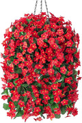 HyeFlora Artificial Fake Red Hanging Flowers Plants Basket for Outdoor Outside Winter Christmas Decor, Faux Silk Daisy Flower Look Real UV Resistant Orchid Vine Plant for Porch Garden Yard Patio Home
