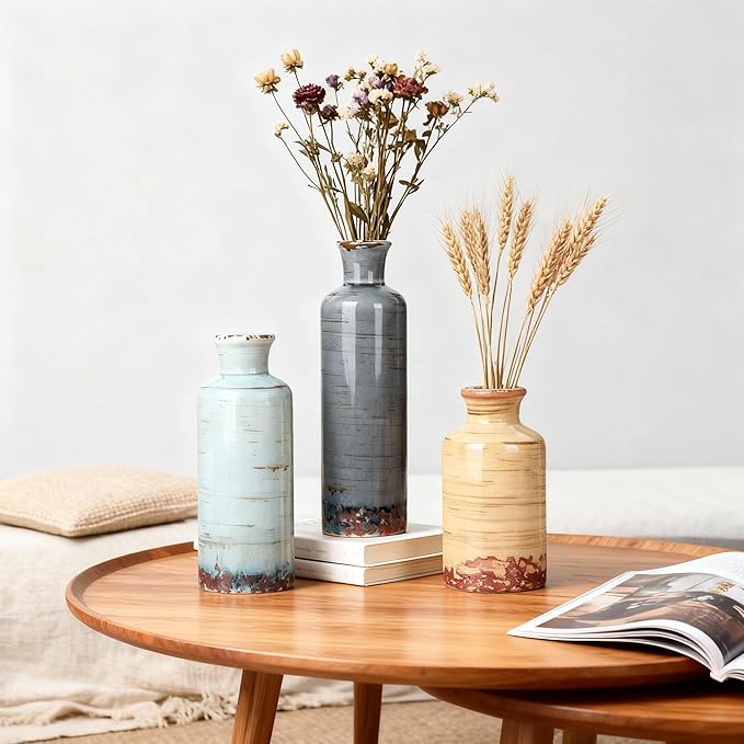 Ceramic Vase Set of 3 - Coastal Multicolor Decorative Vases for Home Decor, Rustic Farmhouse Boho Vases for Living Room, Mantel, Dining Table, Bookshelf, Kitchen or Entryway Decoration
