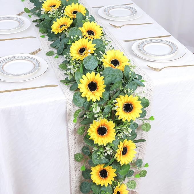 SOMYTING Artificial Sunflower Garland, 4 Packs 6ft Silk Sunflowers Vines Hanging Flowers Garland with Green Leaves for Party Baby Shower Birthday Wedding Room Decor (4PCS)